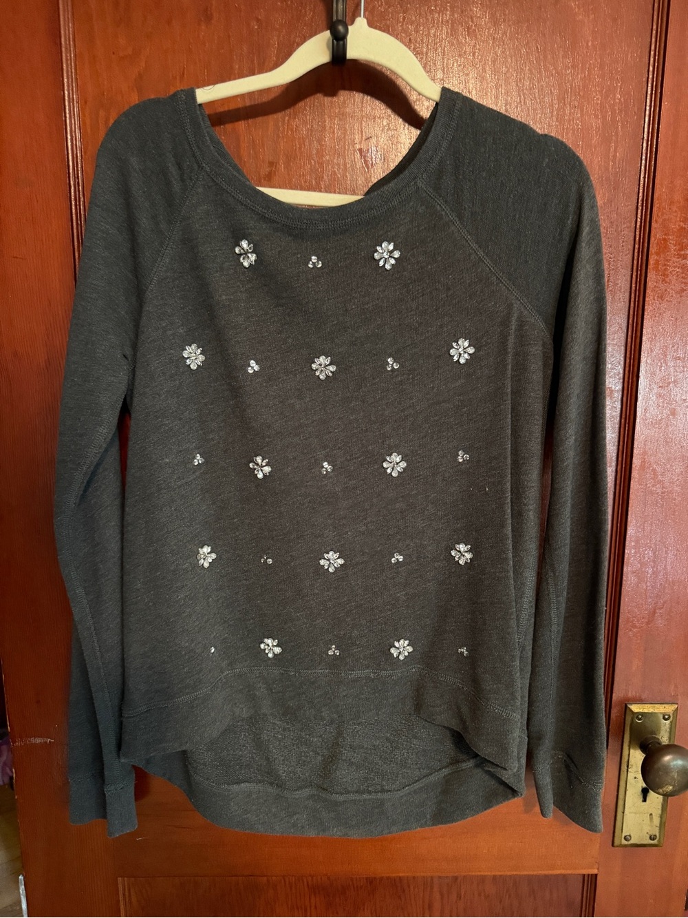 Hollister Charcoal Crewneck Sweater with Crystal Flower Accents